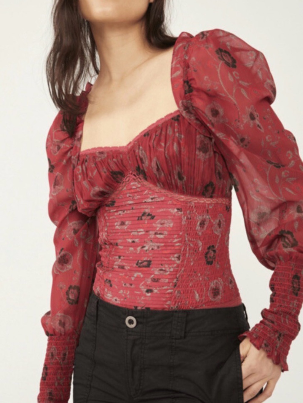 Free‎ People Brunch Date Burgundy Floral Corset Sheer Puffed Sleeve Bodysuit XS